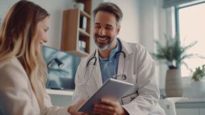 Doctor and patient smiling during consultation