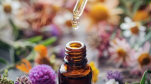 Bottle of essential oil with flowers in the background